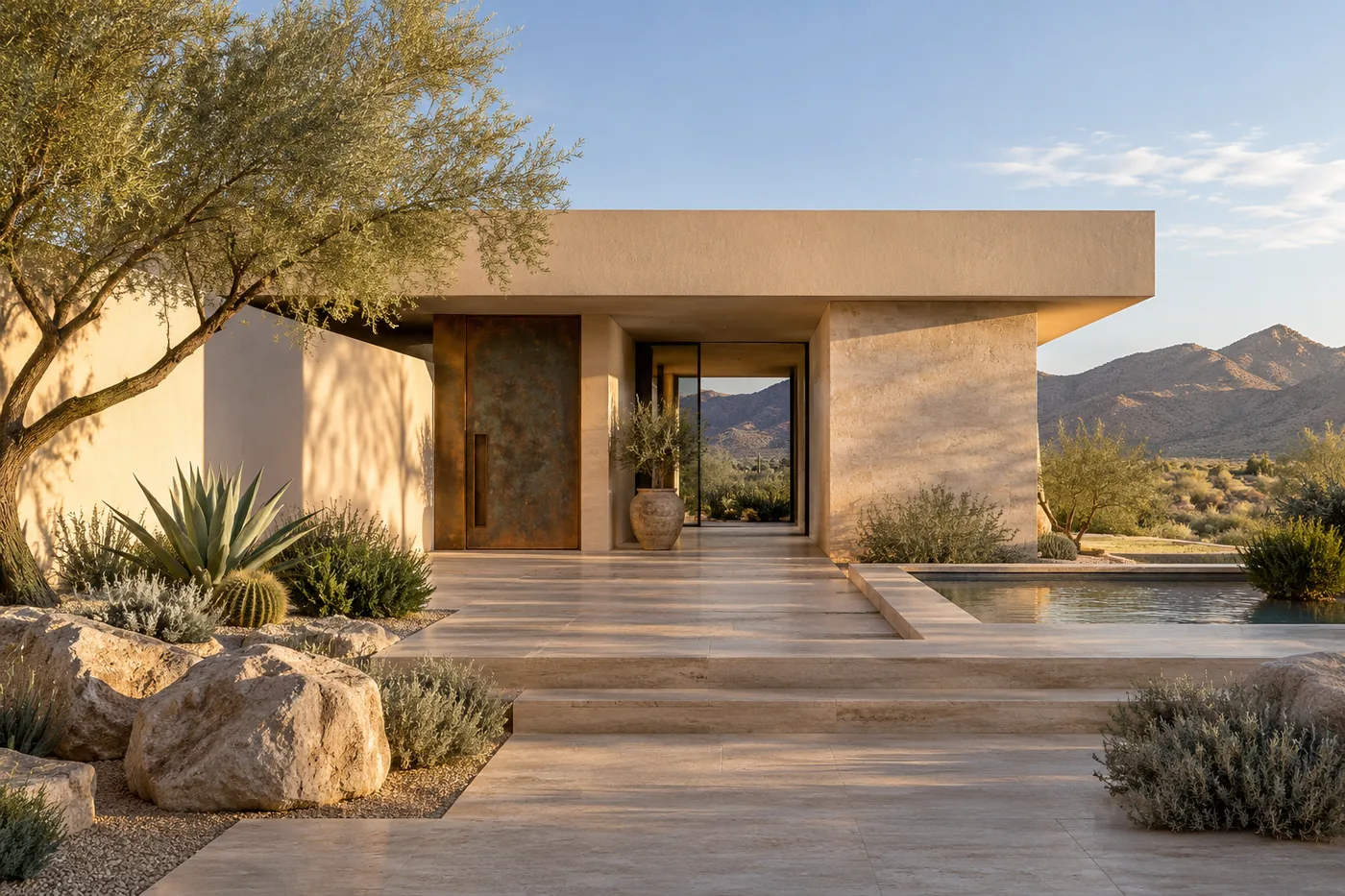 Architectural concept of a warm stone desert home with a shaded entry and courtyard
